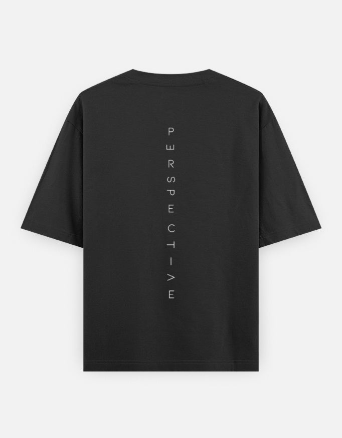 Black t-shirt with 'PERSPECTIVE EVOLVE' text on the back against a white background