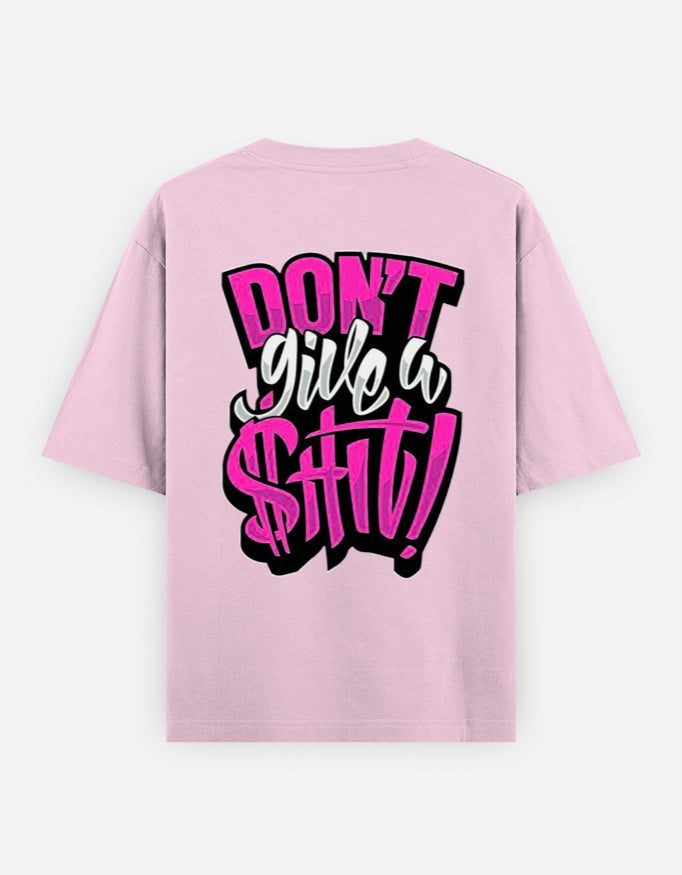 Pink t-shirt with colorful graphic text design on a white background
