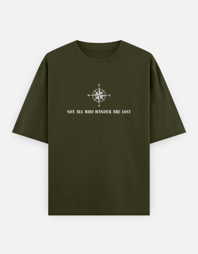 Green t-shirt with compass design and text on a white background