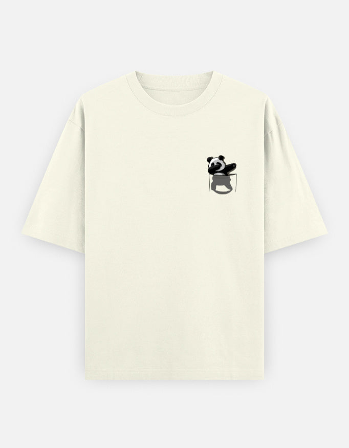 Beige t-shirt with a small panda design on a light gray background