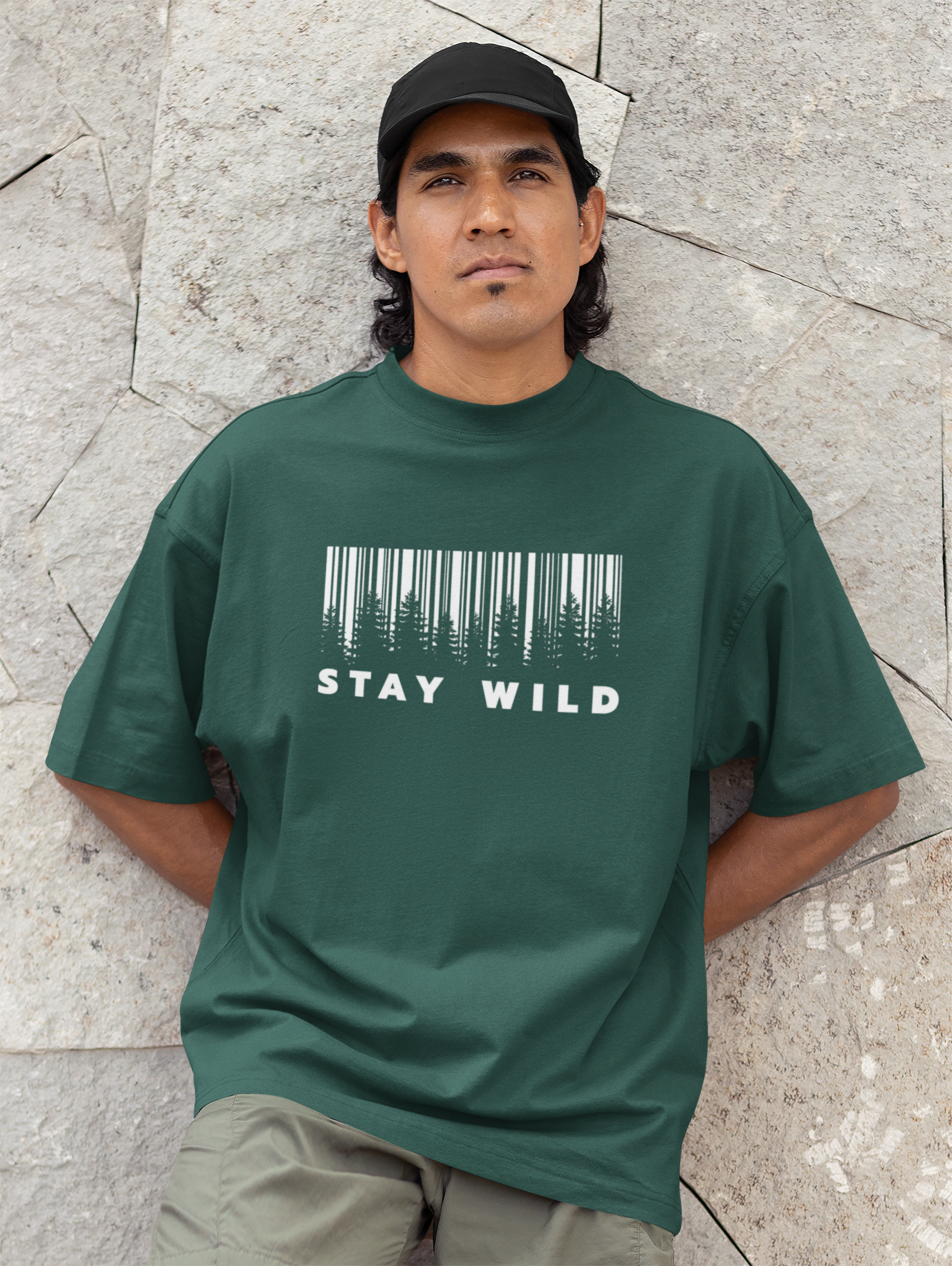 Stay Wild Oversized T-Shirt – Barcode Forest Design Streetwear by WildSoull